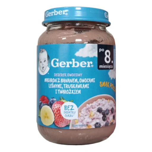 Zdjęcie produktu: Gerber Makaron z bananem owocami leśnymi truskawkami i twarożkiem po 8. miesiącu 190 g
